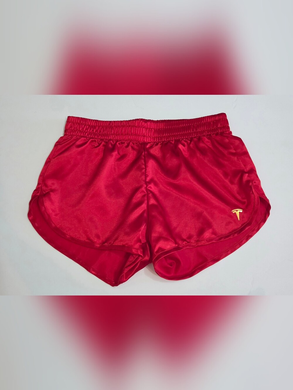 Tesla Women's Red Satin Athletic Shorts Logo Elastic Waist